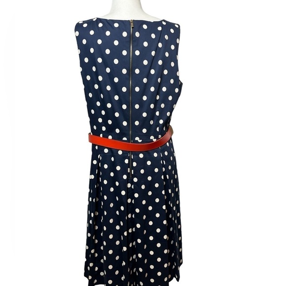 Tahari By Asl Pleated Polka Dot Dress Red White Blue W/ Belt Sleeveless Size 14 - Picture 3 of 10